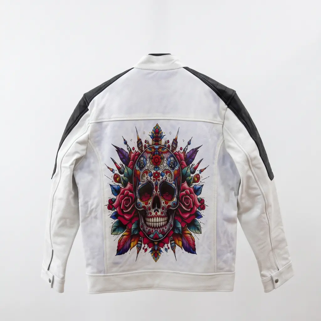Custom White Sugar Skull Biker Leather Jacket | Two-Tone OEM