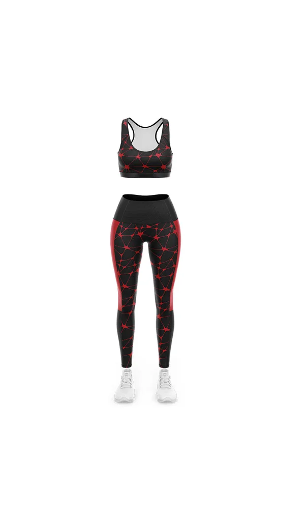 Custom Black & Crimson Floral Leaf 3D Bra and Leggings Set | OEM
