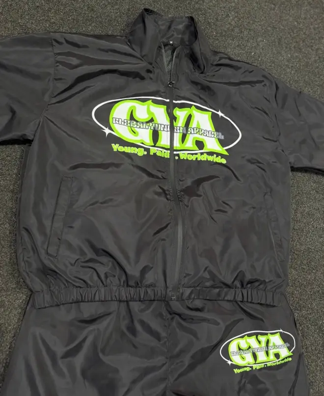 Custom Black Nylon Windbreaker Tracksuit Set | Y2K Graphic Sweatsuit & Tracksuit