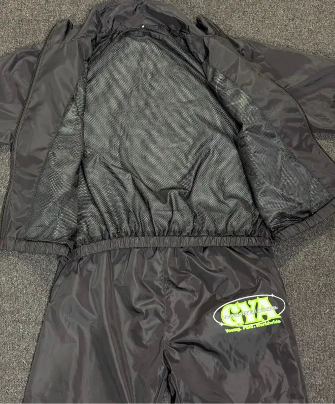 Custom Black Nylon Windbreaker Tracksuit Set | Y2K Graphic Sweatsuit & Tracksuit
