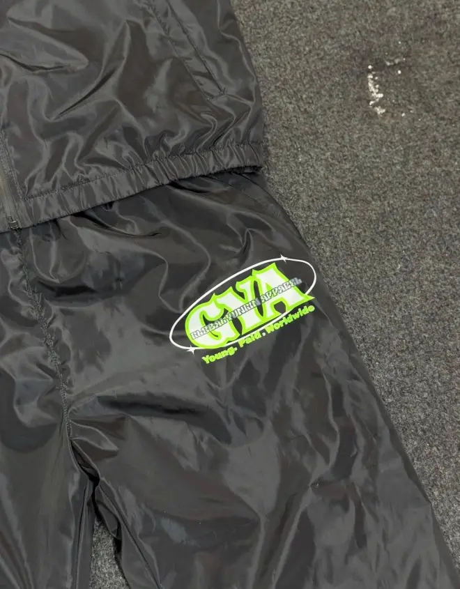 Custom Black Nylon Windbreaker Tracksuit Set | Y2K Graphic Sweatsuit & Tracksuit