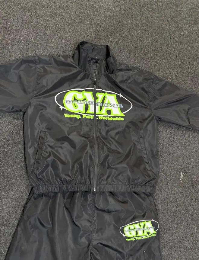 Custom Black Nylon Windbreaker Tracksuit Set | Y2K Graphic Sweatsuit & Tracksuit