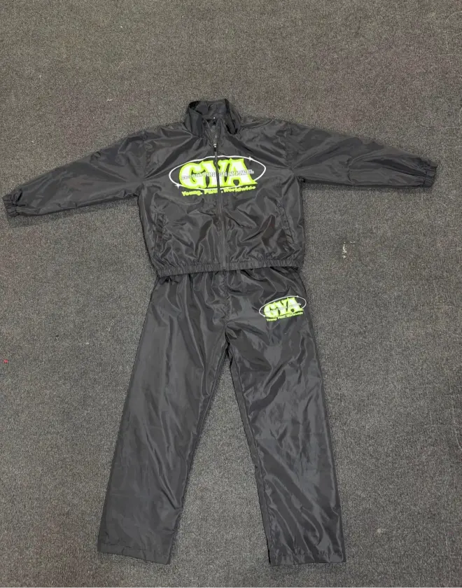 Custom Black Nylon Windbreaker Tracksuit Set | Y2K Graphic Sweatsuit & Tracksuit