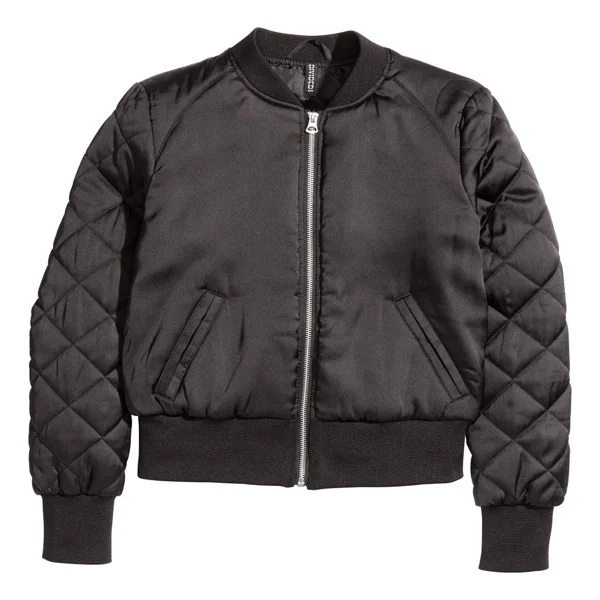 Custom Black Satin Bomber Jacket with Quilted Sleeves | OEM