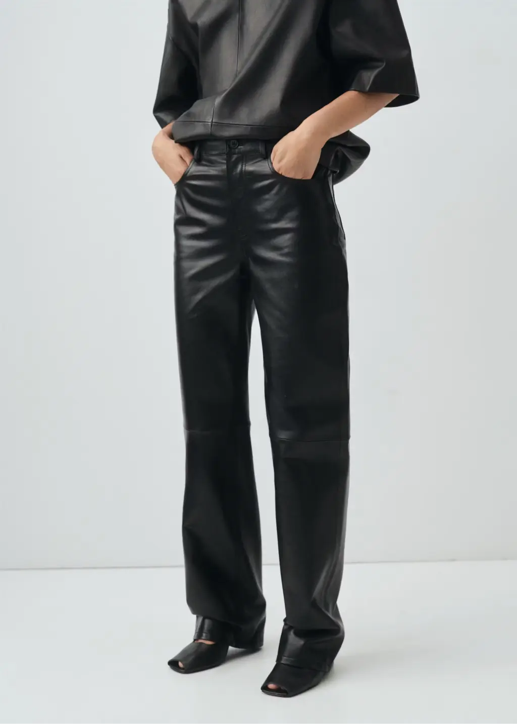 Custom Black Straight-Leg Leather Pants | Classic 5-Pocket OEM