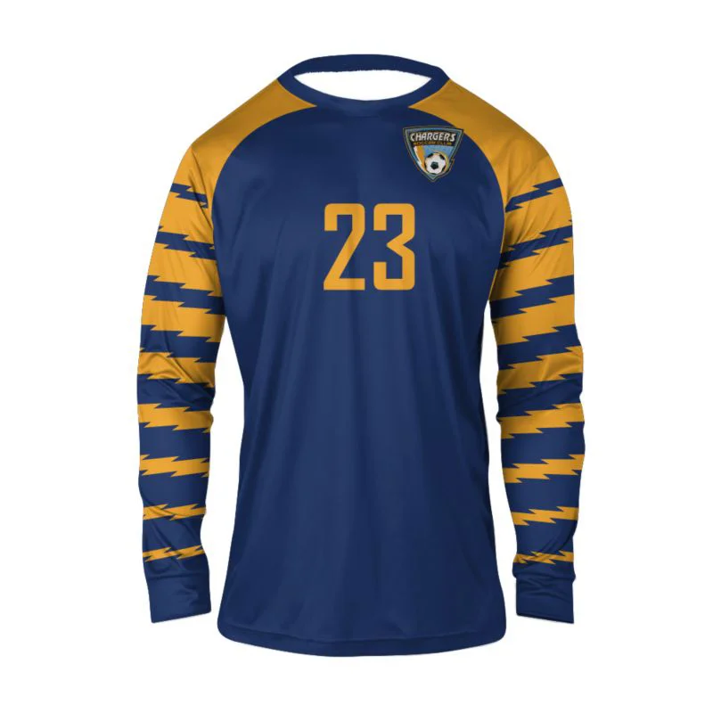 Custom Blue & Gold Striped Sleeve Goalkeeper Jersey | OEM