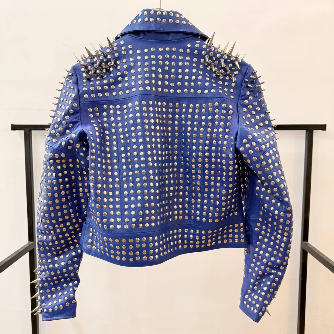 Custom Blue Studded & Spiked Leather Jacket | Heavy Metal Biker OEM