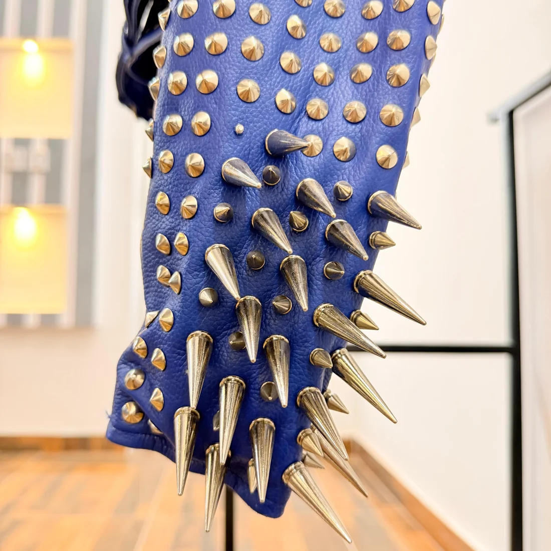 Custom Blue Studded & Spiked Leather Jacket | Heavy Metal Biker OEM