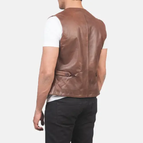 Custom Brown Tailored Leather Vest | Men's Waistcoat OEM
