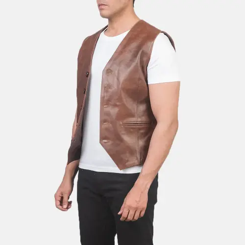 Custom Brown Tailored Leather Vest | Men's Waistcoat OEM