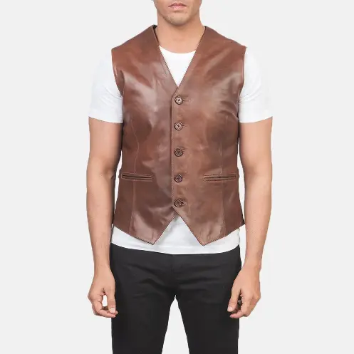 Custom Brown Tailored Leather Vest | Men's Waistcoat OEM