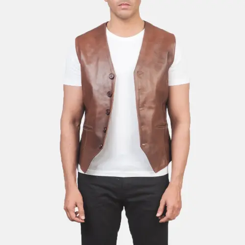 Custom Brown Tailored Leather Vest | Men's Waistcoat OEM