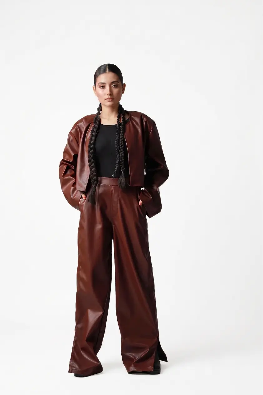 Custom Chocolate Brown Wide-Leg Leather Pants | Oversized OEM