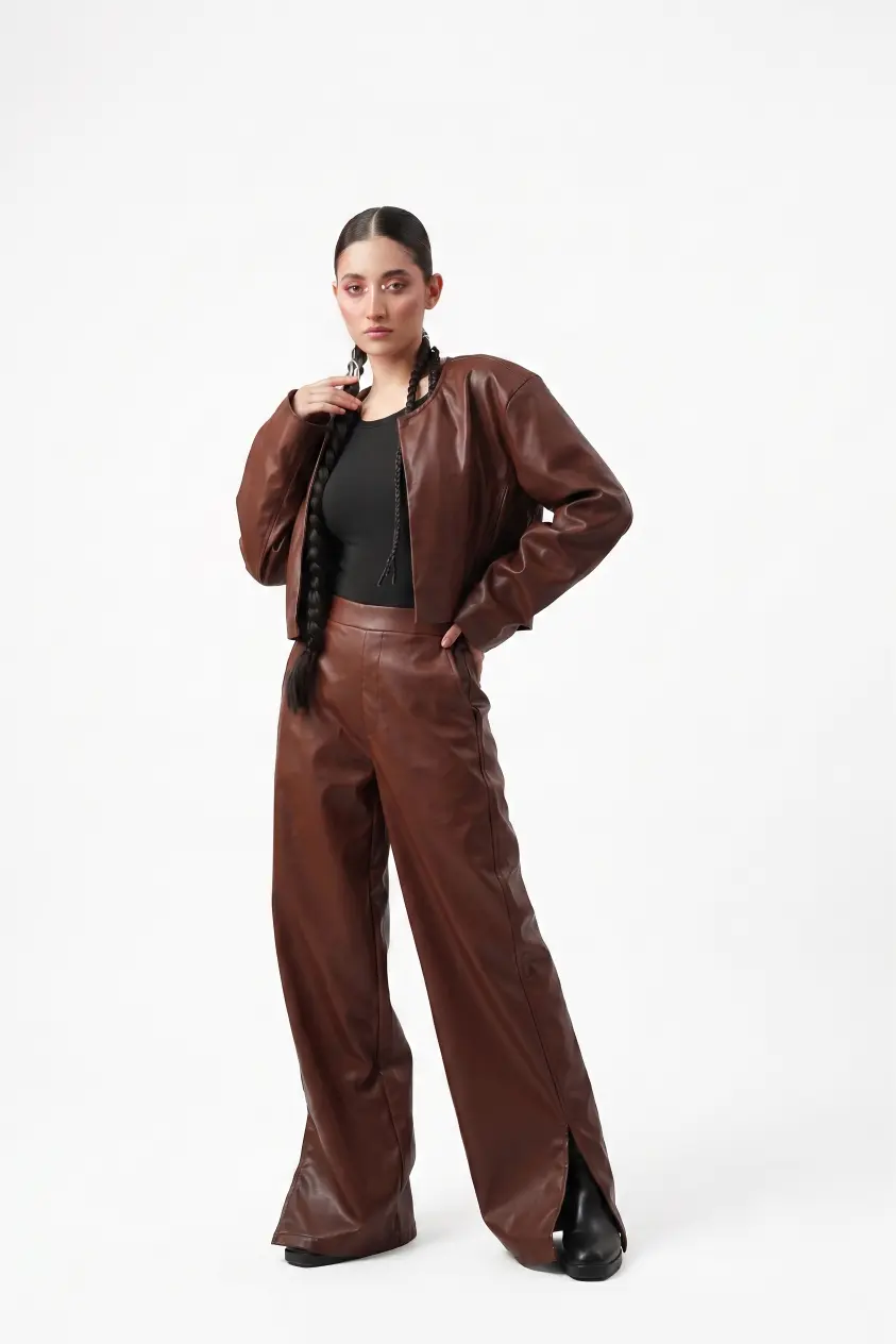 Custom Chocolate Brown Wide-Leg Leather Pants | Oversized OEM