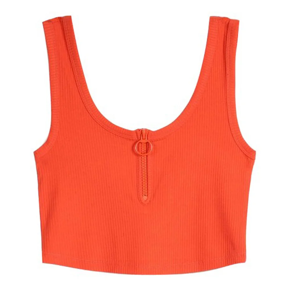 Custom Coral Orange Ring-Zip Ribbed Crop Tank Top | OEM