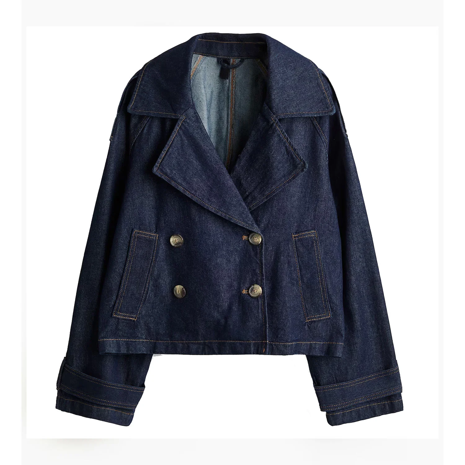 Custom Cropped Double-Breasted Denim Jacket | Raw Indigo OEM