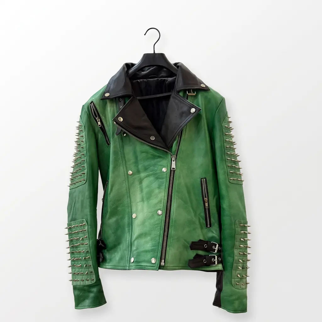Custom Green & Black Spiked Leather Biker Jacket | Vintage Punk OEM