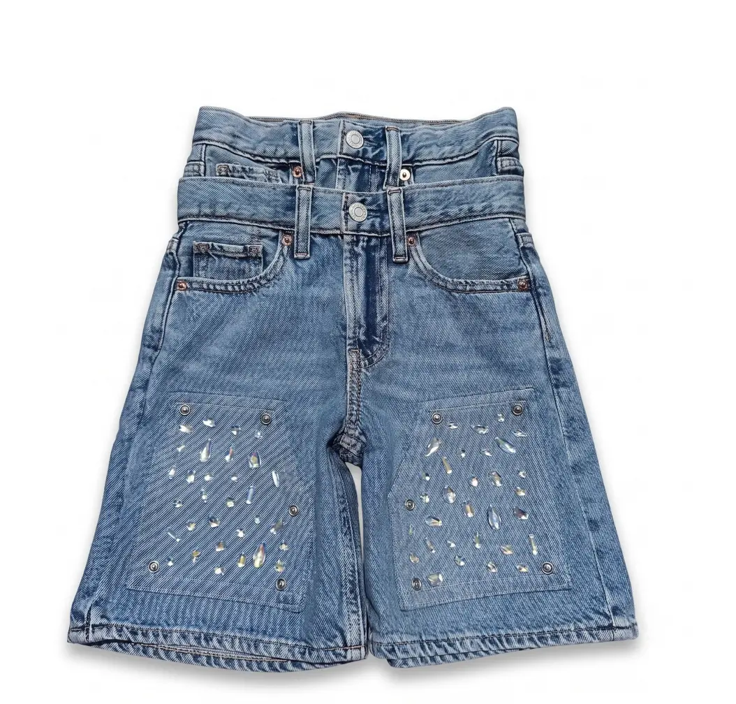 Custom Double Waistband Crystal Denim Jorts | Layered Streetwear Shorts