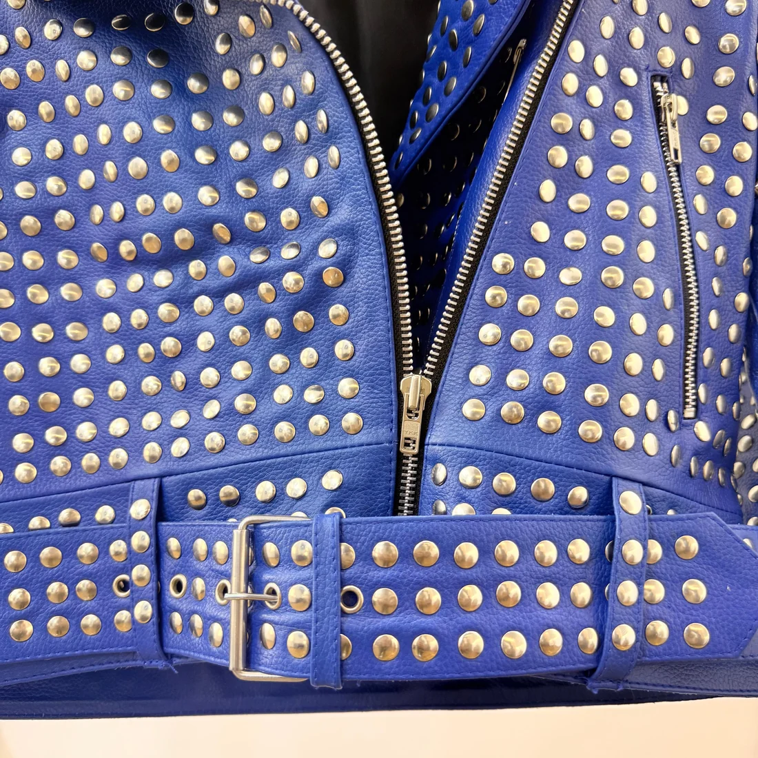 Custom Blue Studded & Spiked Leather Jacket | Heavy Metal Biker OEM