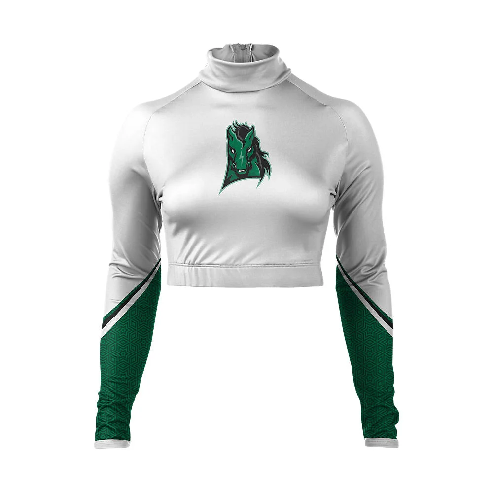 Custom Horse Mascot White & Green Cheer Mock Neck Bodyliner | OEM