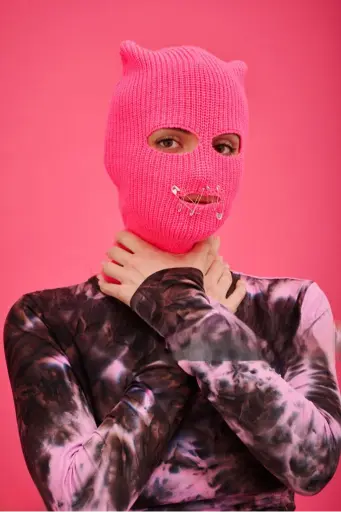Custom Hot Pink Cat Ear Safety Pin Balaclava | Punk Ski Mask OEM