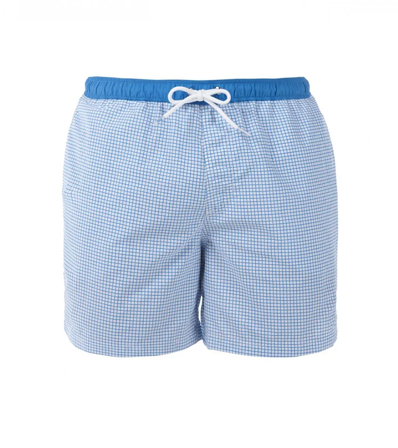 Custom Light Blue Gingham Check Swim Trunks | Beachwear OEM