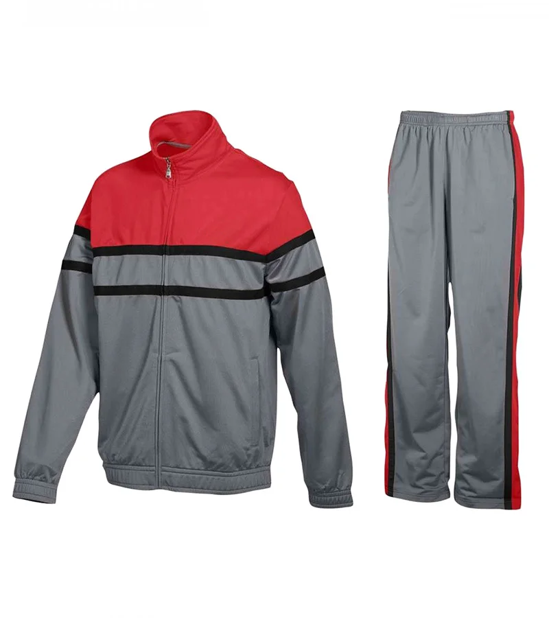 Custom Men's Grey & Red Colorblock Athletic Tracksuit Set | OEM