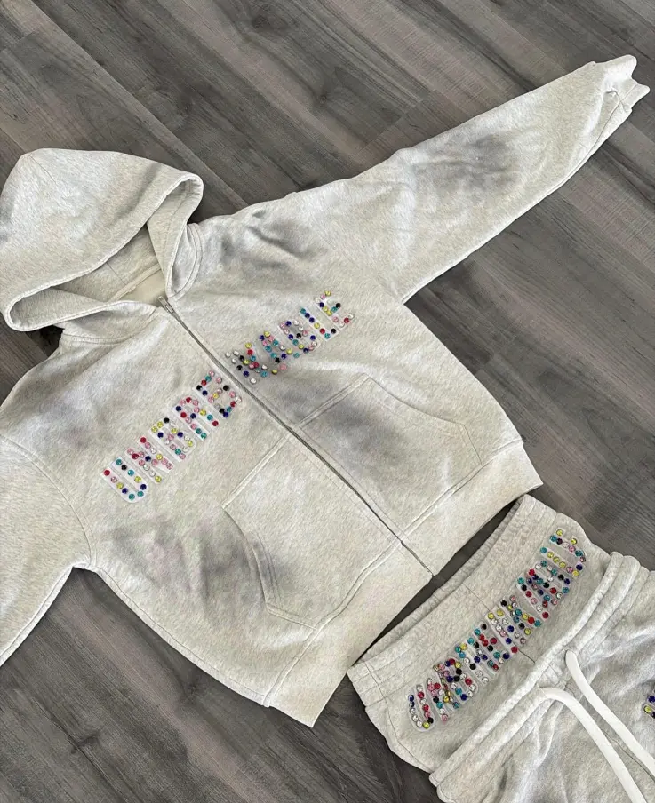 Custom Mineral Wash Gemstone Sweatsuit & Tracksuit Set | Multi-Color Rhinestone Set