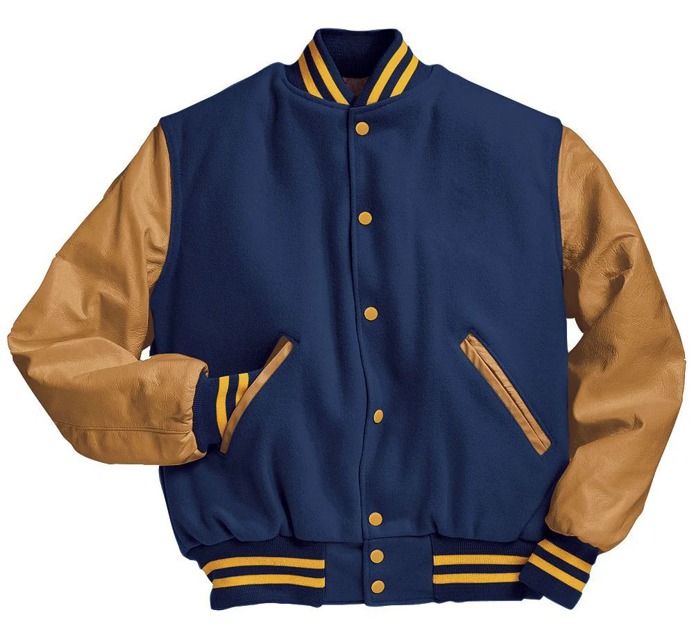 Custom Navy & Camel Leather Sleeve Varsity Jacket | OEM