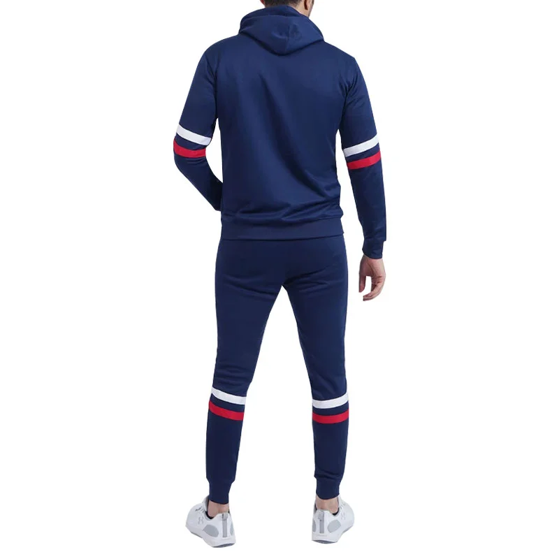 Custom Navy Blue Striped Pullover Tracksuit | Fleece Set OEM