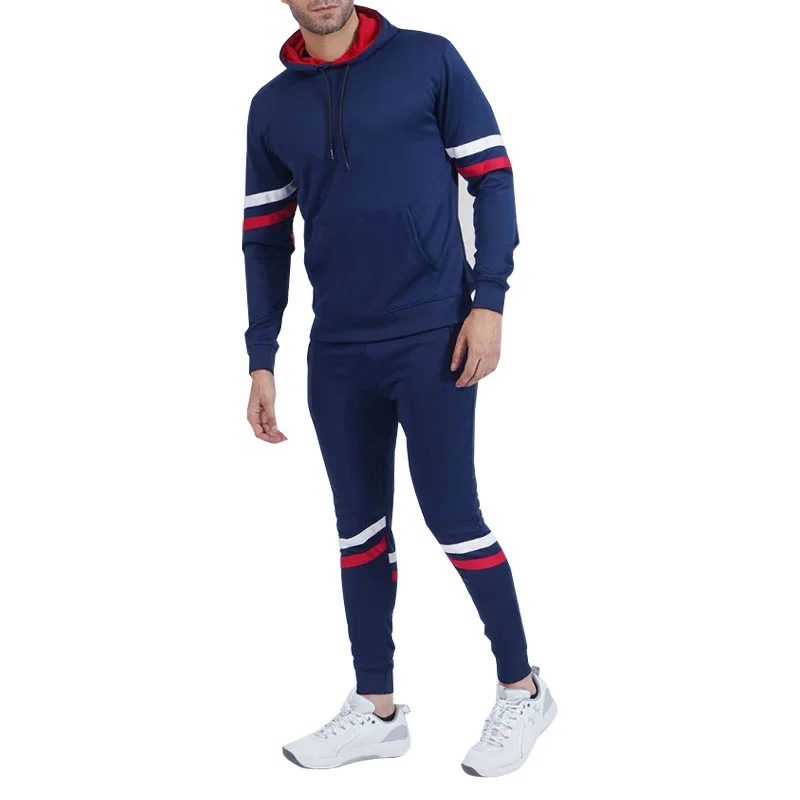 Custom Navy Blue Striped Pullover Tracksuit | Fleece Set OEM