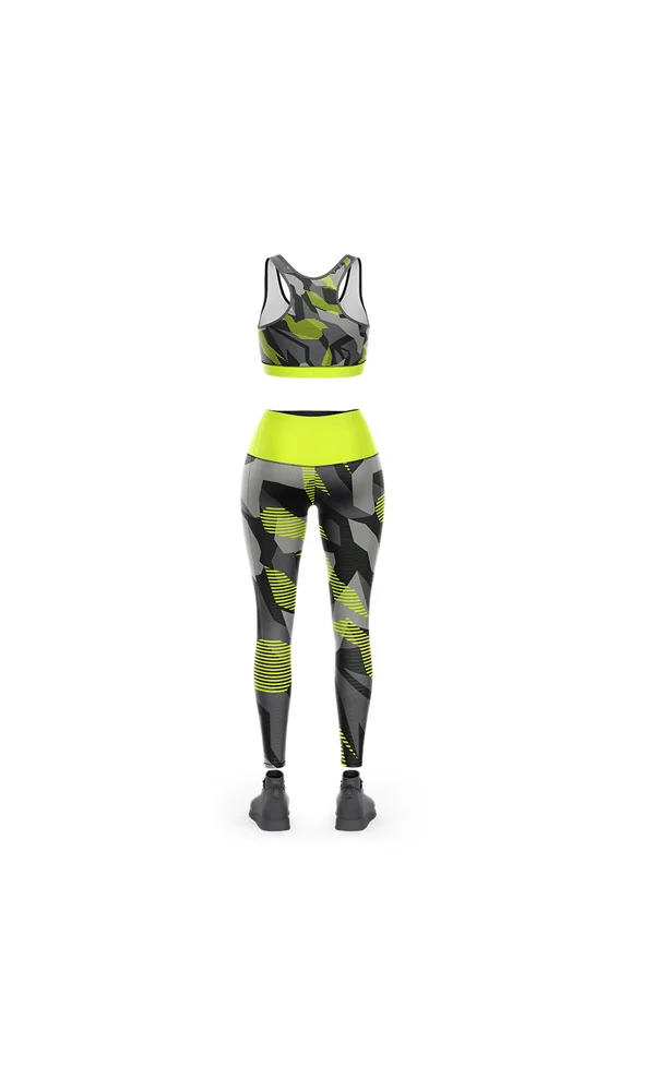 Custom Neon Lime & Dark Camo 3D Bra and Leggings Set | Activewear OEM