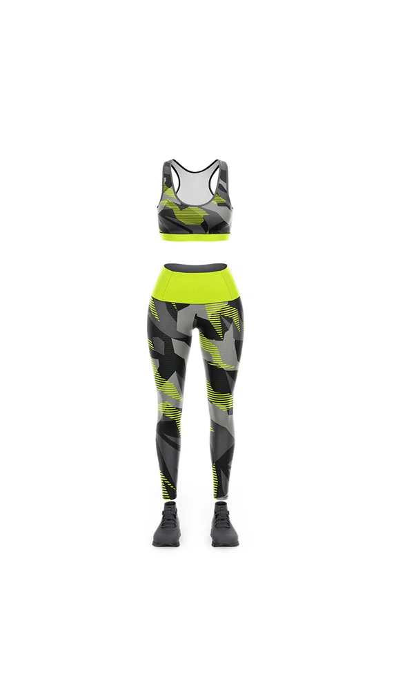 Custom Neon Lime & Dark Camo 3D Bra and Leggings Set | Activewear OEM