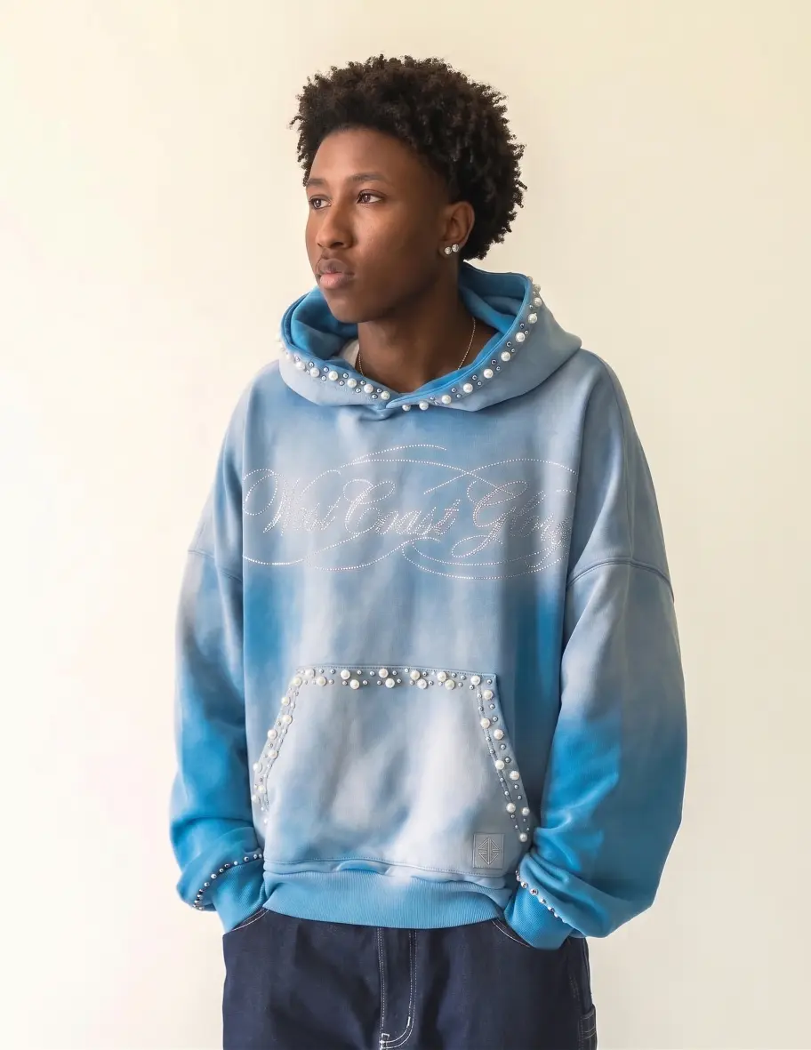Custom Pearl & Rhinestone Acid Wash Hoodie | Luxury Oversized Streetwear Hoodie