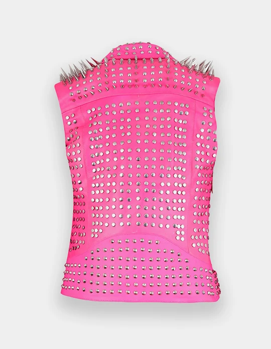 Custom Hot Pink Studded Spiked Leather Vest | Punk Biker OEM