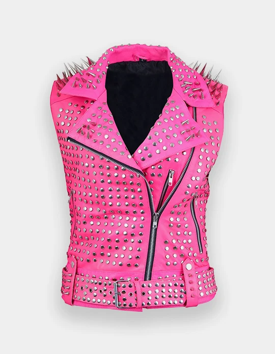 Custom Hot Pink Studded Spiked Leather Vest | Punk Biker OEM