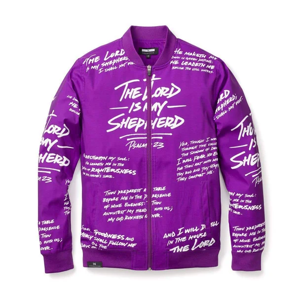 Custom Purple All-Over Script Print Satin Bomber Jacket | OEM