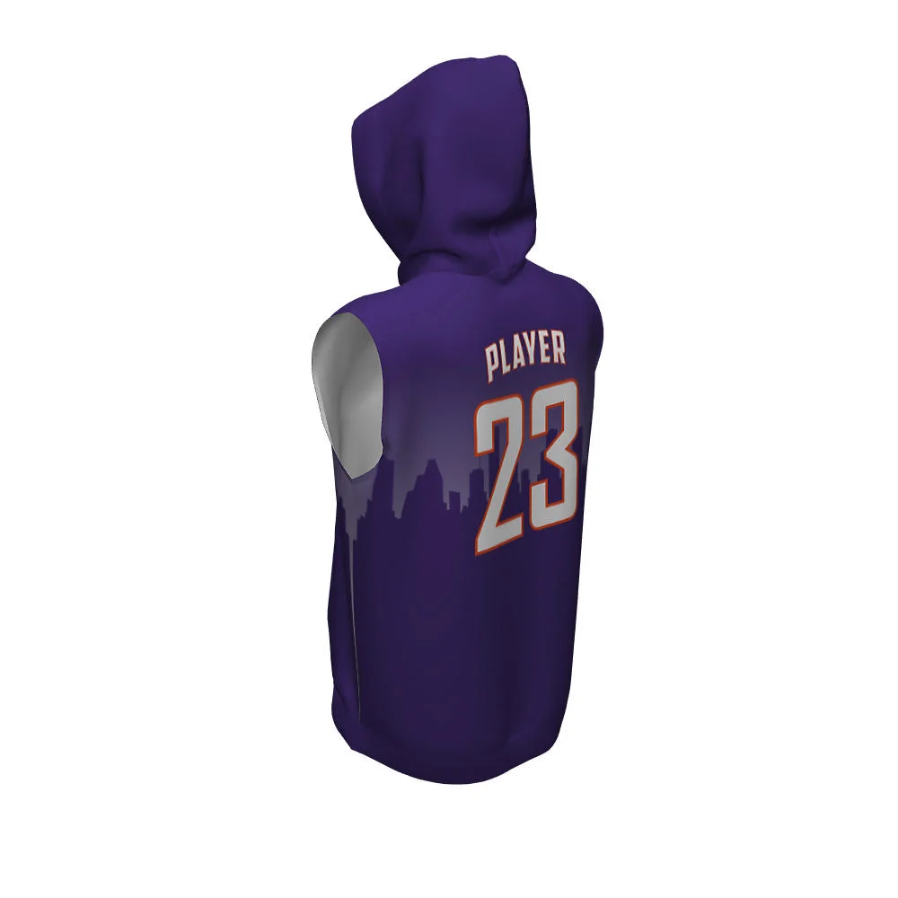 Custom Purple City Skyline Sublimated Sleeveless Hoodie | OEM