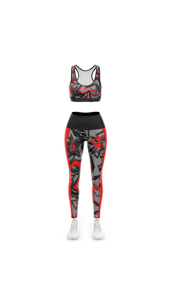 Custom Red & Black Geometric Camo 3D Bra and Leggings Set | OEM