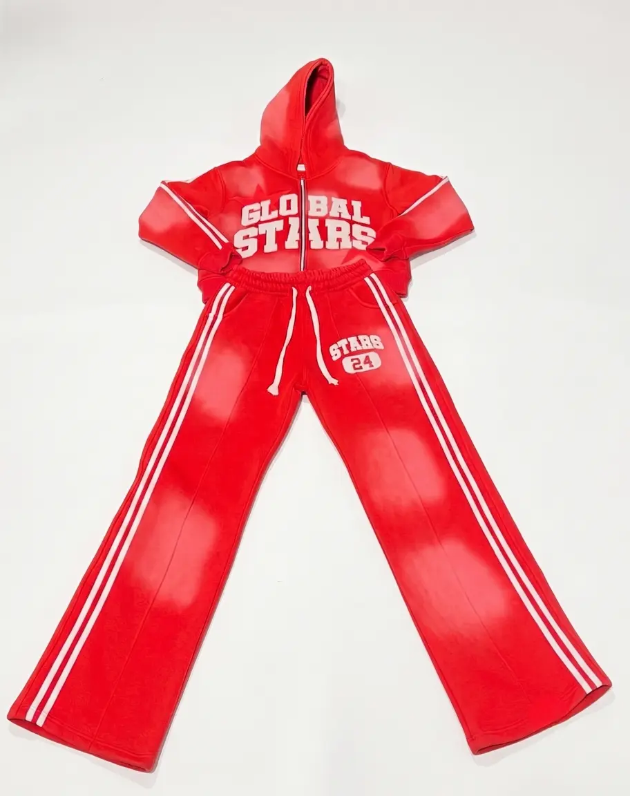Custom Red Faded Varsity Sweatsuit & Tracksuit Set | Flared Y2K Tracksuit