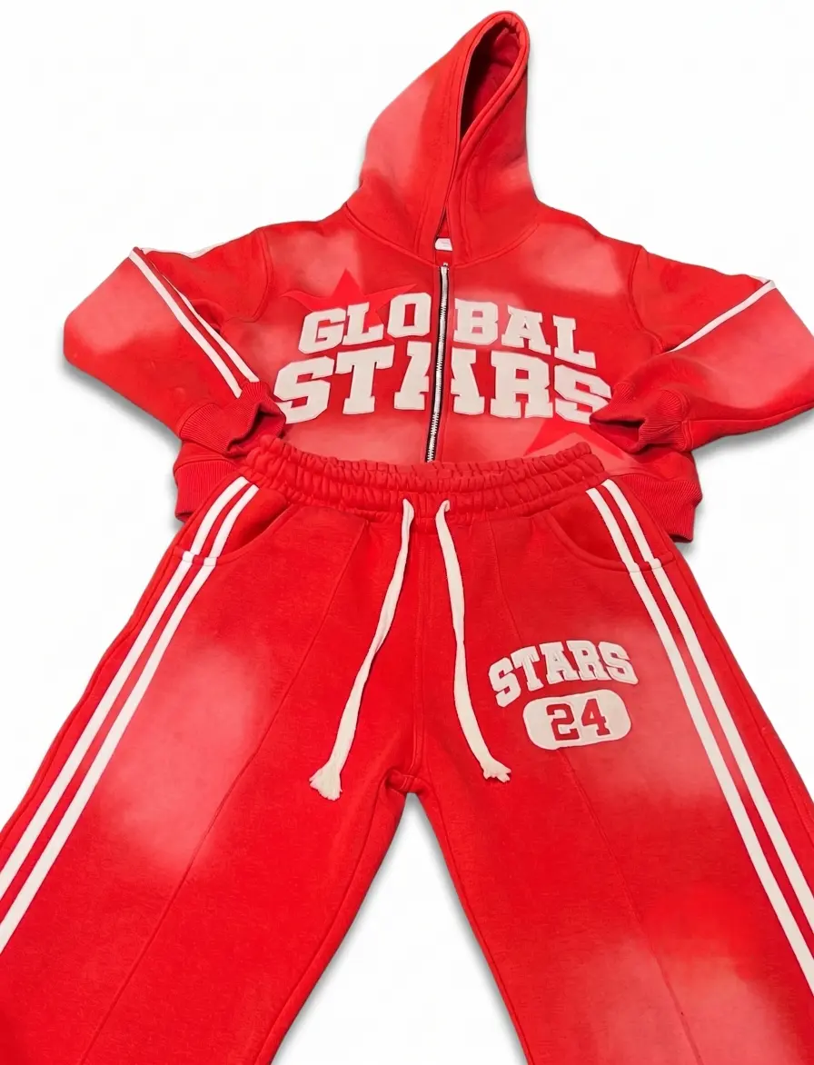 Custom Red Faded Varsity Sweatsuit & Tracksuit Set | Flared Y2K Tracksuit