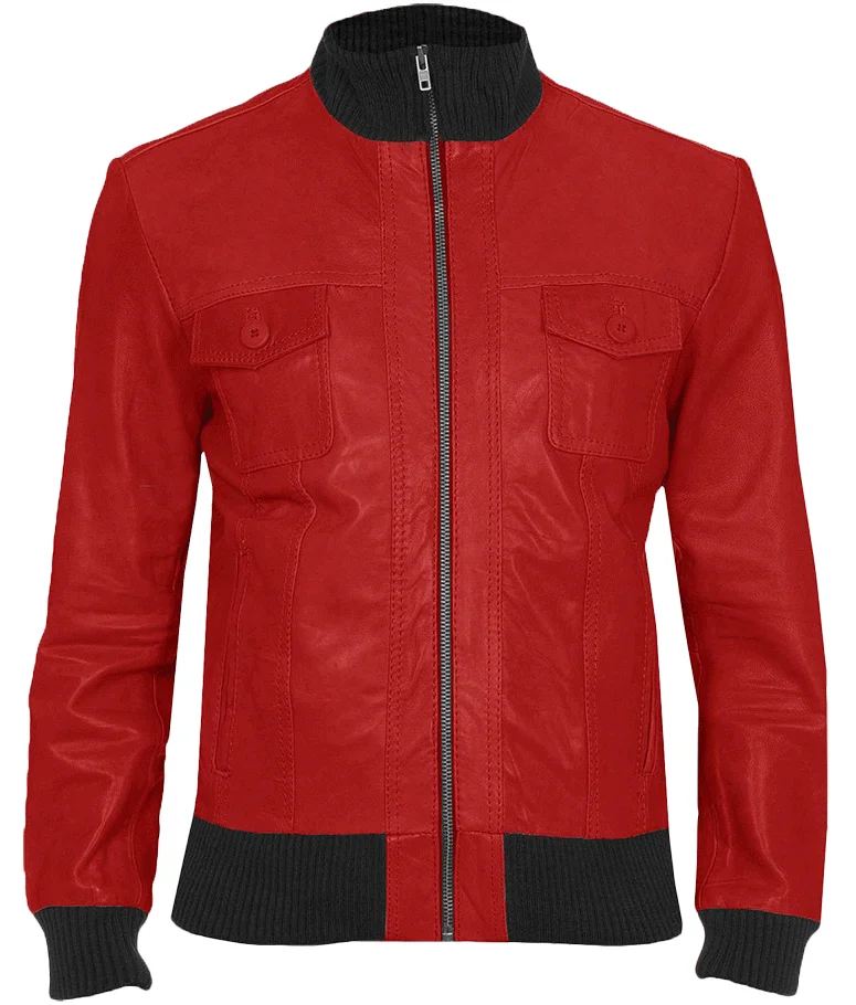 Custom Red Leather Zip-Up Bomber Jacket | B2B Streetwear OEM