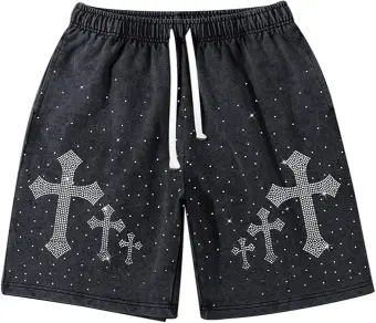 Custom Rhinestone Cross Fleece Shorts | Acid Wash Y2K Streetwear Shorts