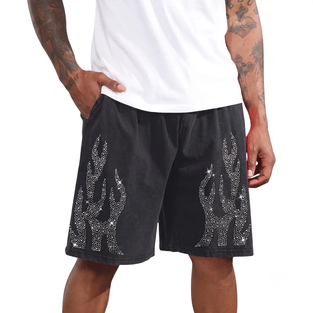 Custom Rhinestone Flame Fleece Shorts | Acid Wash Oversized Streetwear Shorts