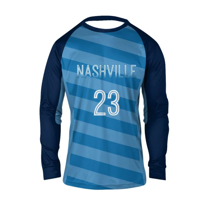 Custom Sky Blue & Navy Diagonal Stripe Goalkeeper Jersey | OEM