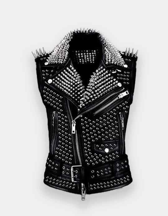 Custom Black Studded Spiked Leather Vest | Heavy Metal OEM
