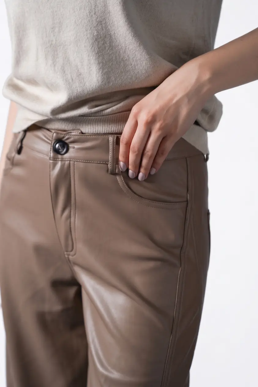 Custom Taupe Paneled Wide-Leg Leather Pants | Relaxed Fit OEM