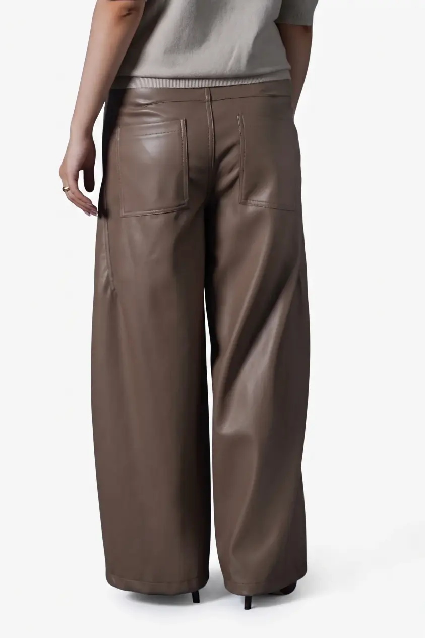Custom Taupe Paneled Wide-Leg Leather Pants | Relaxed Fit OEM