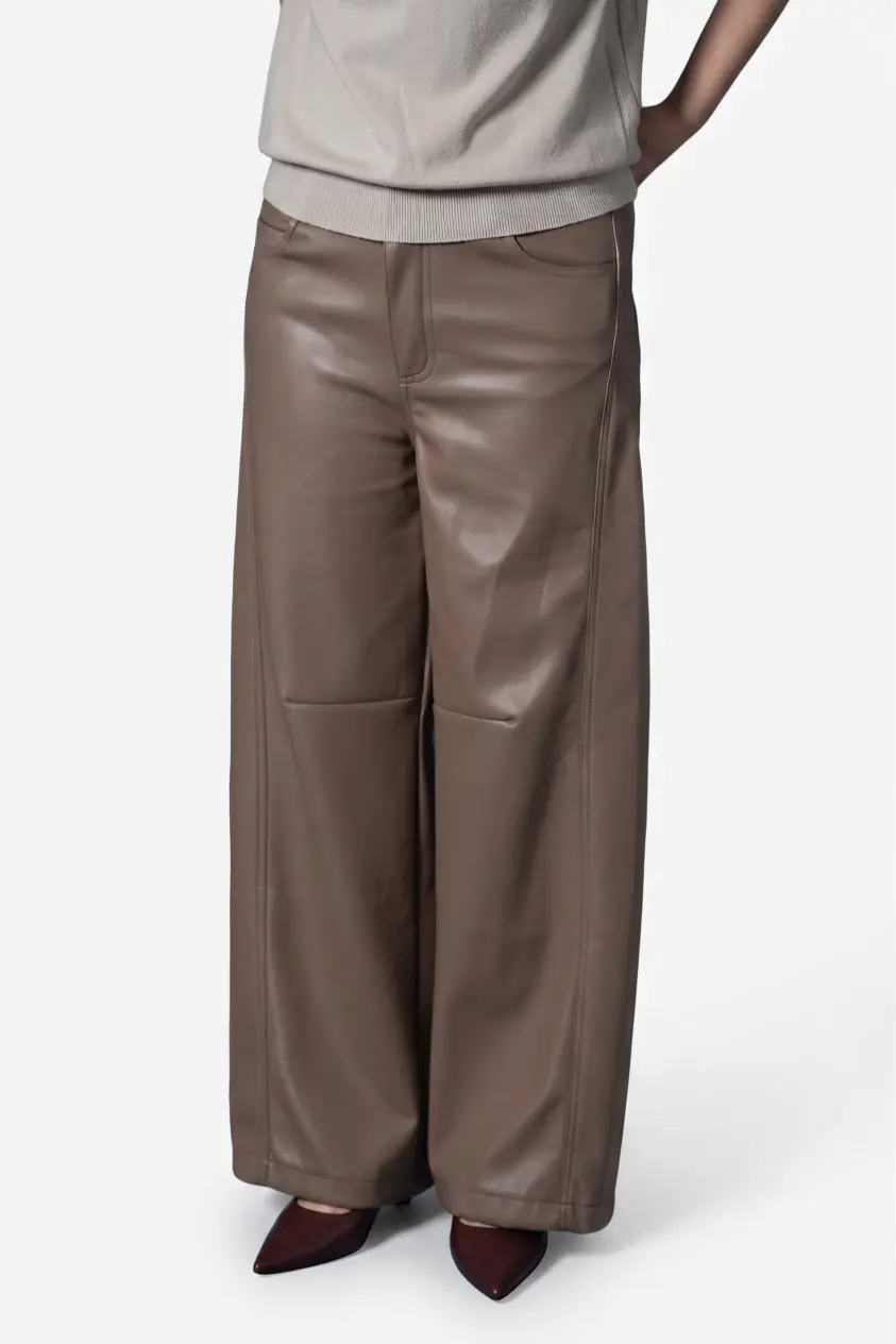 Custom Taupe Paneled Wide-Leg Leather Pants | Relaxed Fit OEM