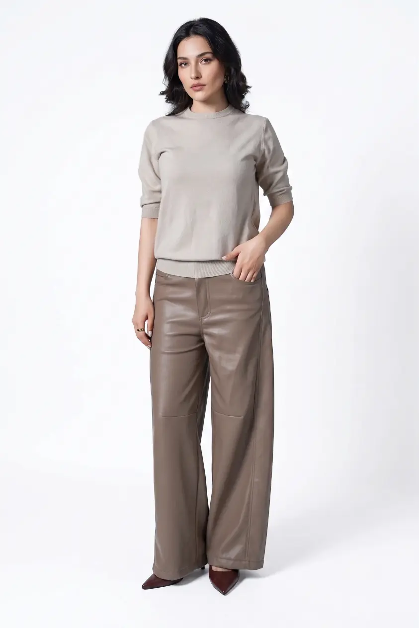 Custom Taupe Paneled Wide-Leg Leather Pants | Relaxed Fit OEM